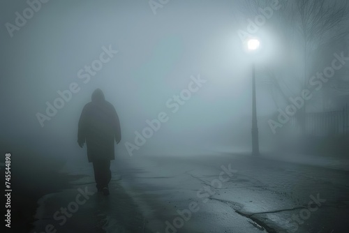 Mysterious figure walking down a foggy city street at night Illuminated by a single streetlight Evoking intrigue and suspense © Jelena