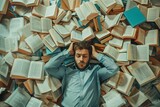 Overwhelmed man surrounded by books and papers Concept of stress Time management And information overload