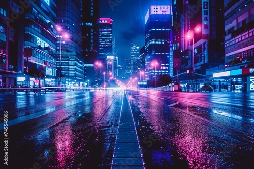 Nocturnal city street with neon illumination Atmospheric urban scene with empty road and futuristic vibe