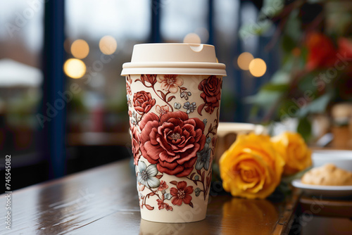 A charming and attractive disposable tea cup with a floral print, filled with a hot beverage