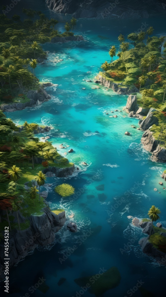 Generative AI Bird's eye view of tropical islands illuminated by the setting sun, highlighting palm-lined coastlines and glistening waters, creating a serene and picturesque scenery. photorealistic ep