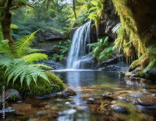 Picture a secluded waterfall framed by lush ferns. The water cascades into a crystal-clear