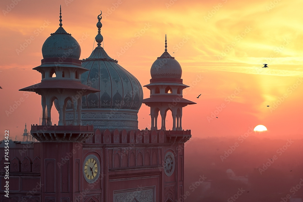 A picture of the dome and a clock tower in a Mosque at sunset or sunrise, the tallest clock tower - obrazy, fototapety, plakaty 