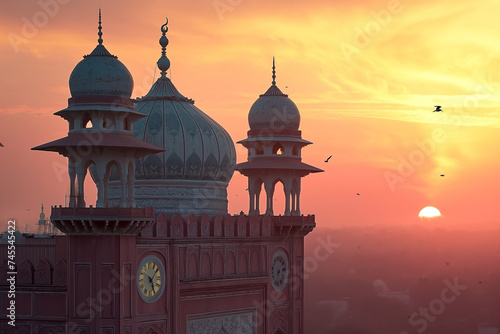 A picture of the dome and a clock tower in a Mosque at sunset or sunrise, the tallest clock tower photo