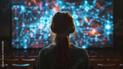 Young Female Teacher Giving a Data Science Presentation in a Dark Auditorium with Projecting Slideshow with Artificial Intelligence Neural Network Architecture. Business Startup and Education Concept.