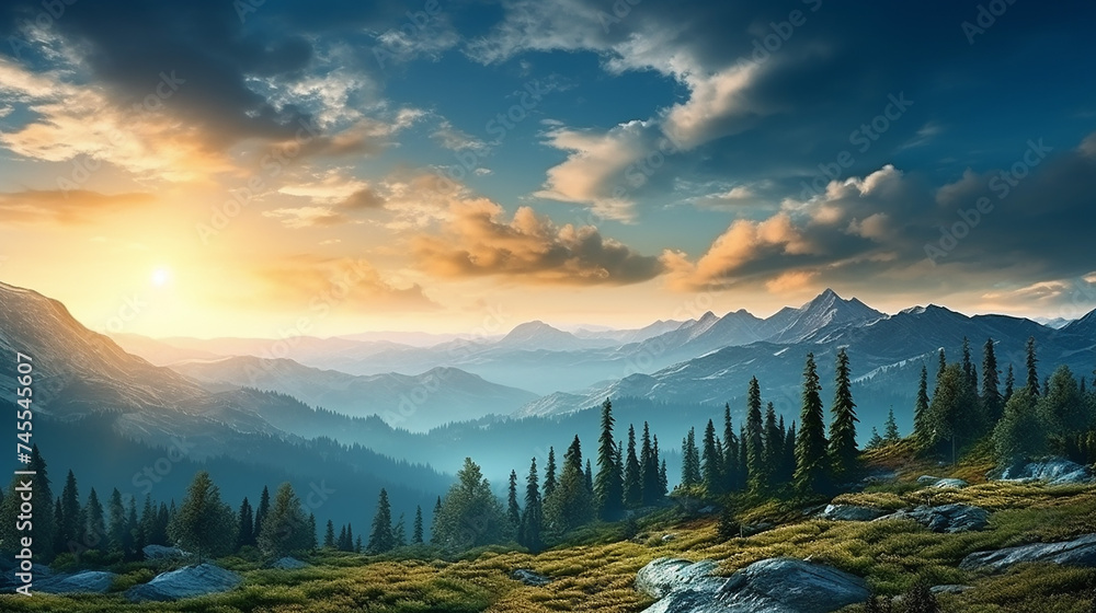 Breathtaking panorama of morning wild nature high in mountain with sunset