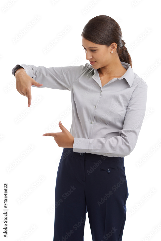 Pointing, mockup space and business woman on a white background for news, information and announcement. Professional, corporate worker and isolated person with gesture for company promo in studio Pointing, mockup space and business woman on a white background for news, information and announcement. Professional, corporate worker and isolated person with gesture for company promo in studio