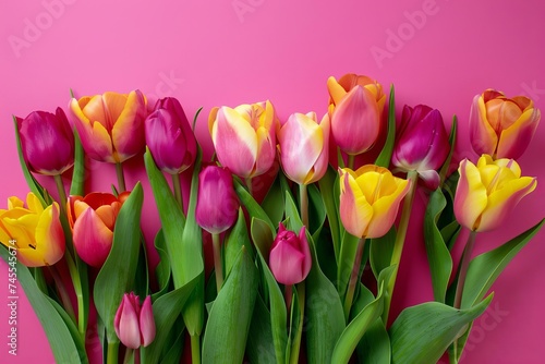 Spring tulips arranged in a vibrant display on a pink background Perfect for a cheerful and bright seasonal greeting