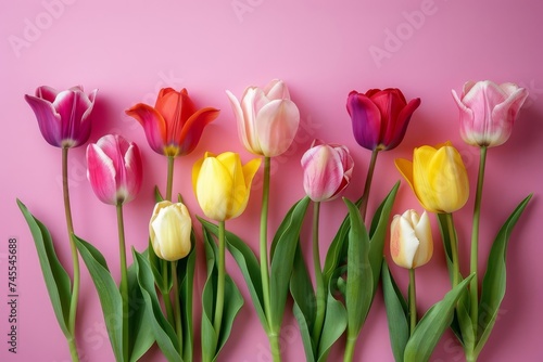 Spring tulips arranged in a vibrant display on a pink background Perfect for a cheerful and bright seasonal greeting