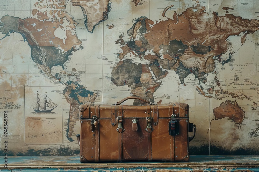 Travel essentials Suitcase ready for an adventure Symbolizing the excitement and preparation for travel Set against a background of travel destinations and maps Embodying wanderlust and discovery - obrazy, fototapety, plakaty 