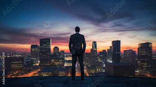 City lights at dusk with a poised businessman, overlooking the skyline, vibrant sunset colors, confident and determined stanc Generative AI © vadosloginov