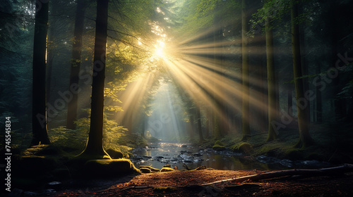Bright Beam of Sunshine Shining Against the Magical summer forest background © Yellow