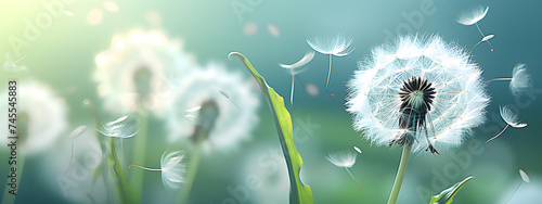 spring background adorned with delicate white dandelions swaying in the breeze