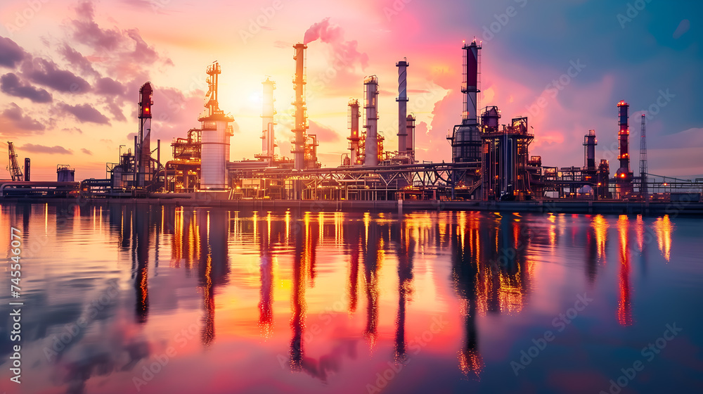 Oil refinery at twilight, petrochemical plant in the evening.