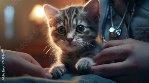 Generative AI Close-up of a veterinarian administering a vaccine to a kitten, comforting touch, medical equipment in the background