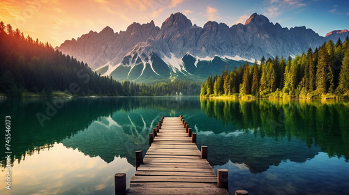Calm morning view of Fusine lake. Colorful summer concept of an ideal resting place. Creative image.
