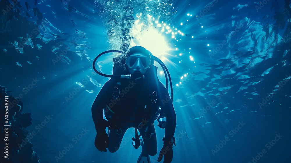 Scuba diver at the bottom of a deep blue tropical sea.