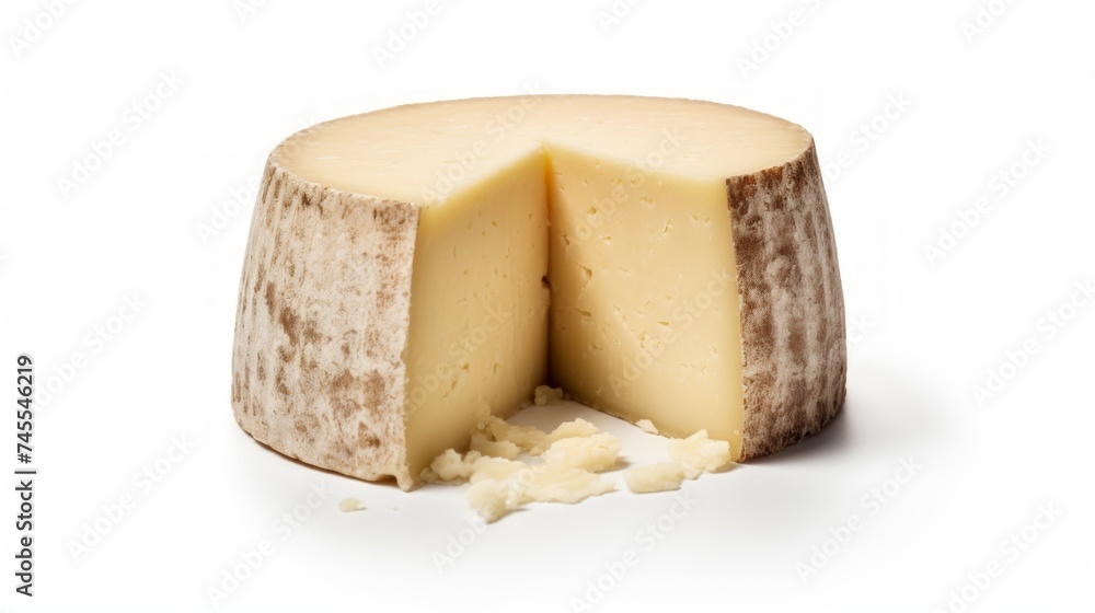 Close-up realistic photo featuring a crumbly pecorino cheese against a white background Generative AI