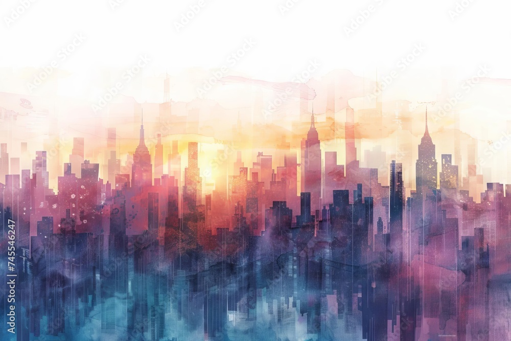 Watercolor skyline of a bustling city at dusk Blending urban ...