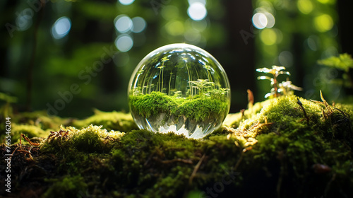 Clossed up crystal globe on moss in a forest environment concept background
