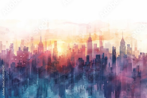 Watercolor skyline of a bustling city at dusk Blending urban architecture with the vibrant colors of the sunset Isolated on white background