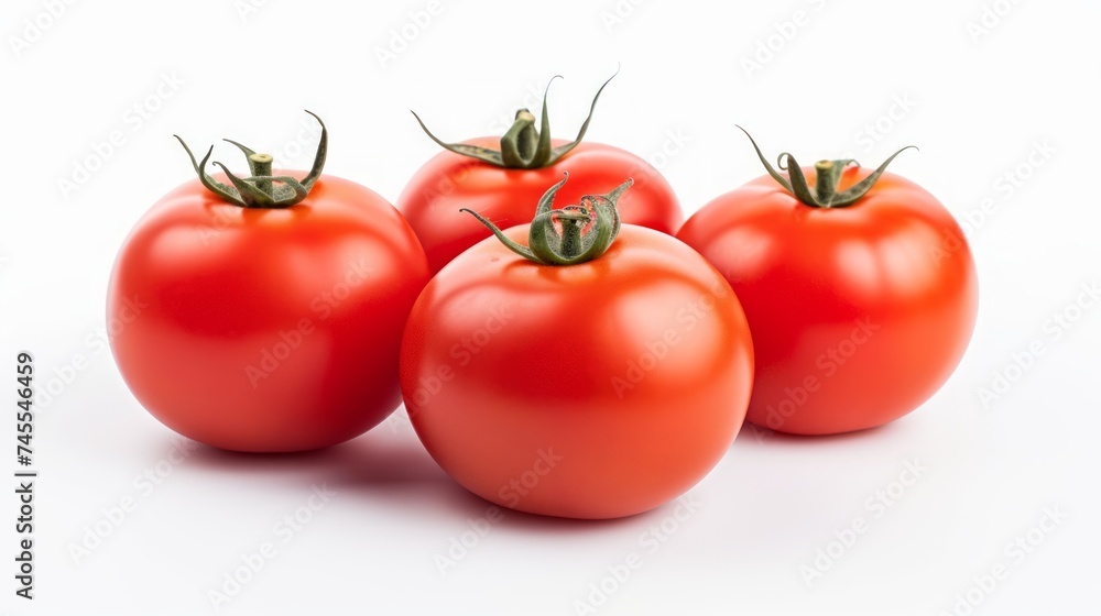 Close-up realistic photo of three plump, ripe tomatoes on a white background Generative AI Close-up realistic photo of three plump, ripe tomatoes on a white background Generative AI