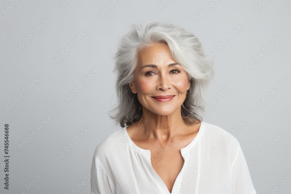 Portrait of a beautiful senior woman smiling at the camera over grey background