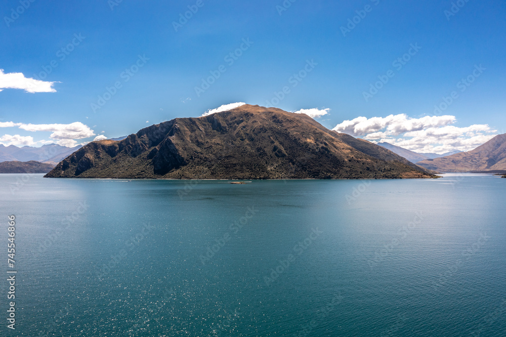 Aerial view from Wanaka lake and mountains