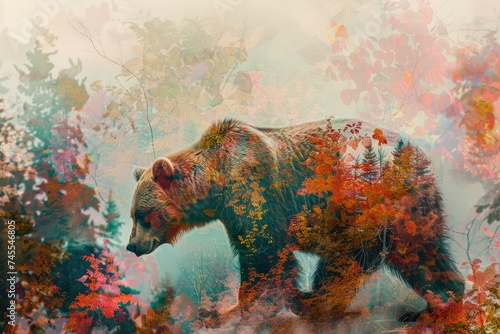 A bear overlaid with the colorful foliage of an autumn forest in a double exposure photo