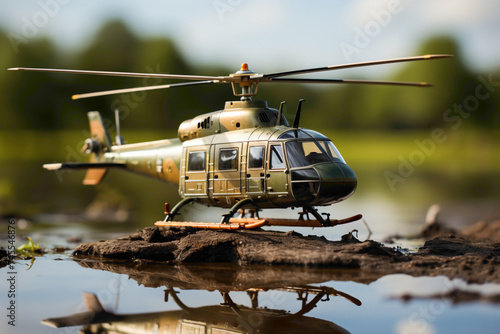 The small helicopter toy sitting on the table, with a lone tree in the background, as if part of a serene landscape. The HD camera captures the tranquility and realism of this miniature world.
