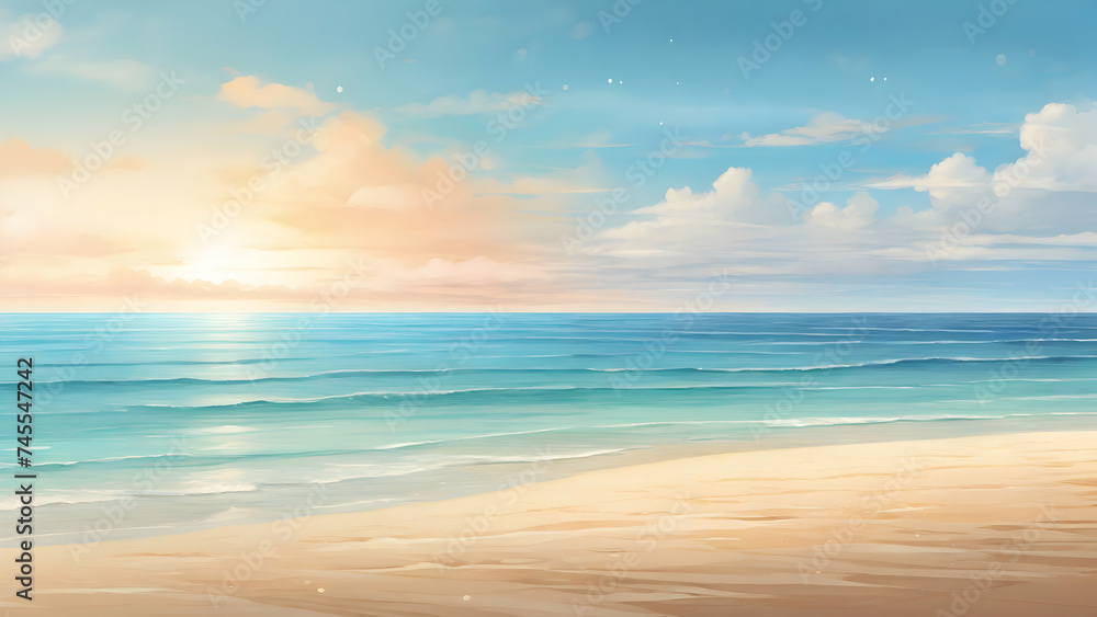 Beautiful sandy beach and soft blue ocean wave. Cartoon or anime Illustration style.