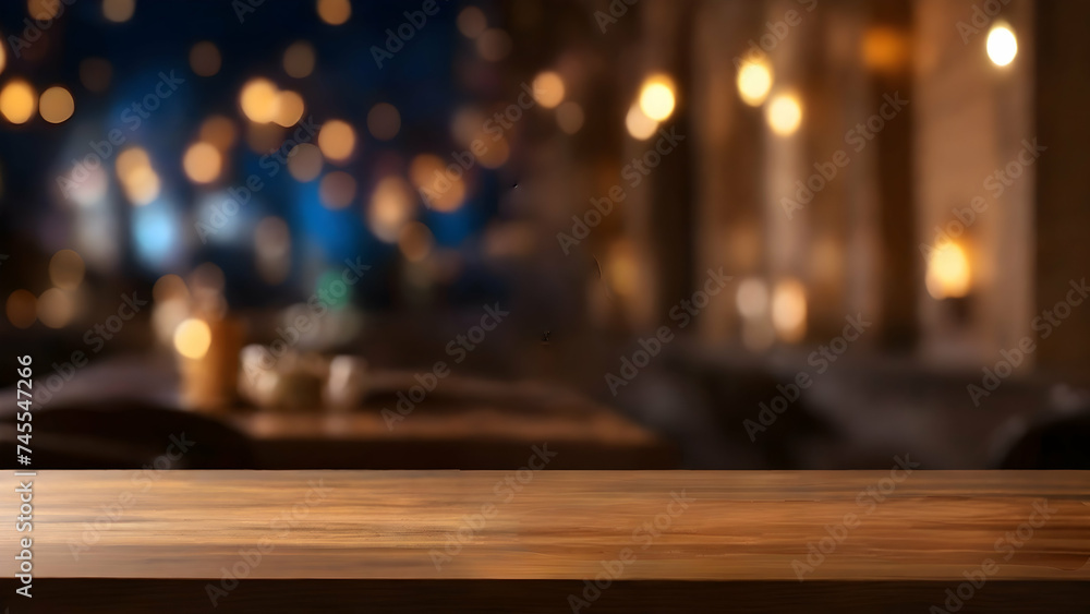 Empty wooden table with blurred bokeh background at night. 