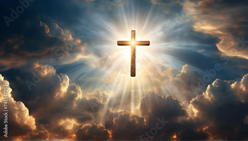 Light Cross Shape In Clouds. Jesus Ascends to Heaven Scene.