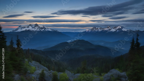 Beautiful view of the Blue Hour after sunset over the mountains.