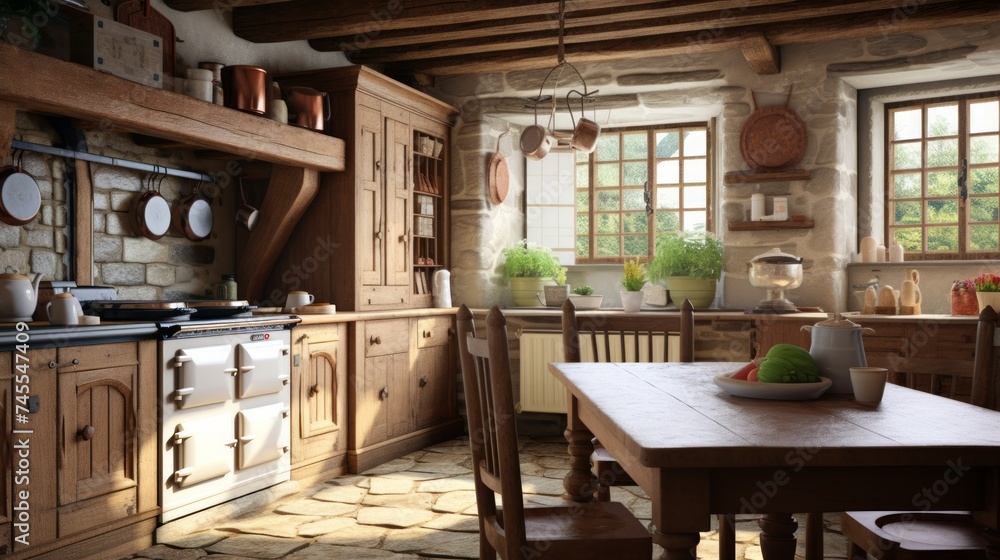 Generative AI Detailed photorealism showcasing a traditional English country kitchen with wooden beams and a classic AGA stove.