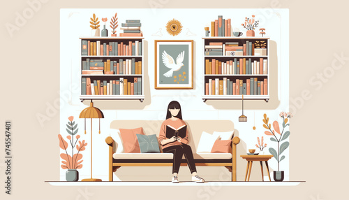 Concept of image of people happily reading book. Vector illustration.