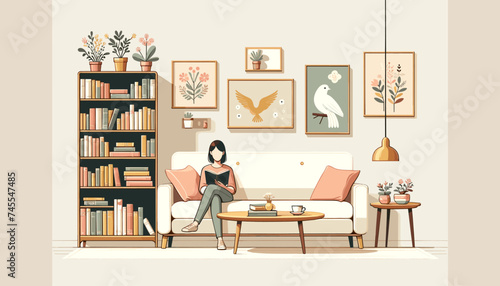 Concept of image of people happily reading book. Vector illustration.