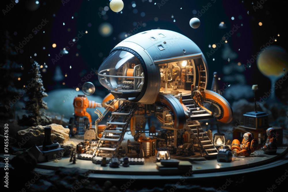 A whimsical 3D mockup of a tiny spaceship, a stack of sci-fi novels, a small telescope, and a miniature astronaut helmet on a futuristic-themed table. - obrazy, fototapety, plakaty 