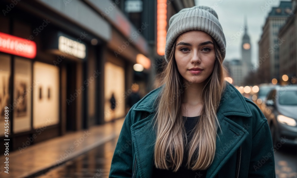 A young woman in a green coat and hat stands on a city street. Cars and illuminated storefronts can be seen in the background. A young woman in a green coat and hat stands on a city street. Cars and illuminated storefronts can be seen in the background.