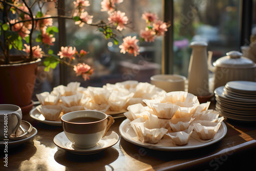 Everyday disposable coffee filters on a morning breakfast table photo