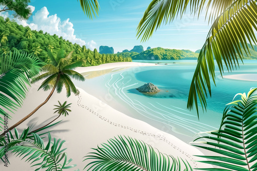 Illustration of tropical beach with white sand  ocean  palm