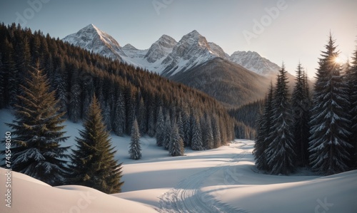 Winter landscape: snow-covered road winds through pine forest, framed by mountains. Tranquil and still, no humans or structures. Golden light from sun illuminates scene. photo