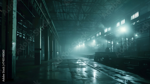 Industrial interior of an old factory building in a misty night