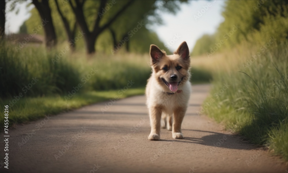 Cute border collie with tongue out stands on grassy path. Upright ears and focused eyes add to its charm. Peaceful natural setting in background.