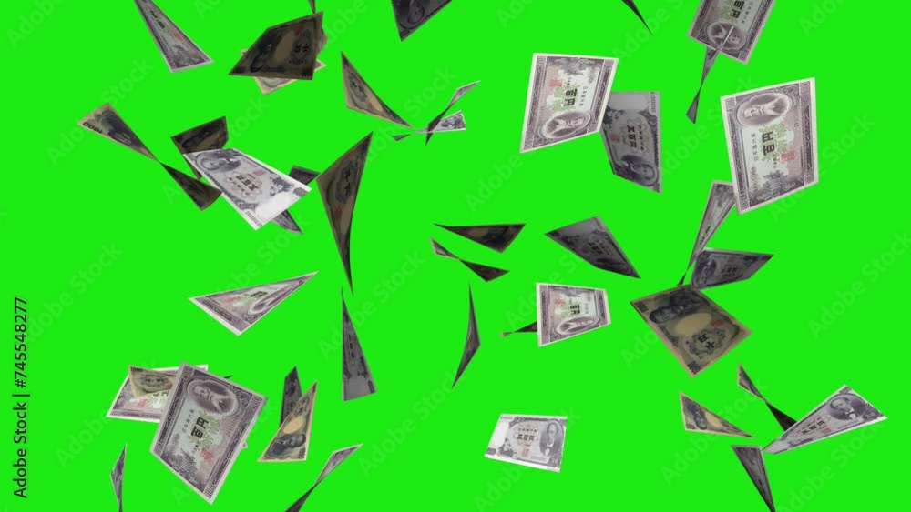 Japanese Yen bills falling green screen 4K Japanese Yen bills falling green screen 4K