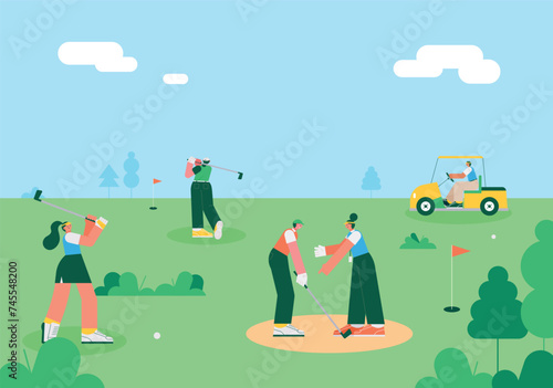 eople are playing golf on the golf field. flat vector illustration.