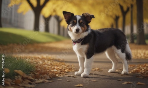 Tri-color Border Collie puppy stands on an autumn path, looking at camera. Grass lines the path, with benches and yellow leaf trees in the background.