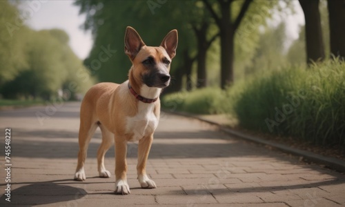 A cute mixed-breed dog with a red collar stands on a sunny path, surrounded by green bushes and trees. Its perked ears and tongue out show an attentive expression.