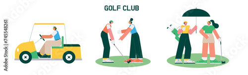 A person driving a cart on a golf course. A person who teaches golf. A caddy and a player holding an umbrella and carrying a golf bag. flat vector illustration. photo