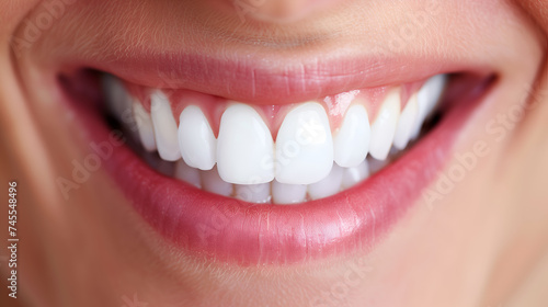 Close-up of smiling woman's mouth with white teeth, macro